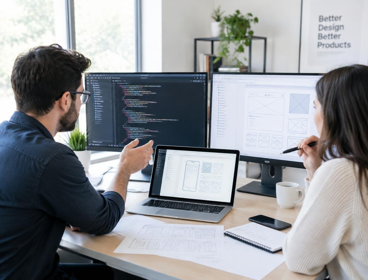 Developer and designer working on wireframes