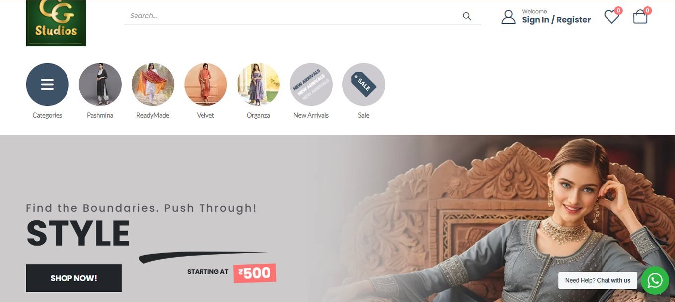 CG Studios website homepage designed by Wayne E Solutions — Fashion & clothing, India